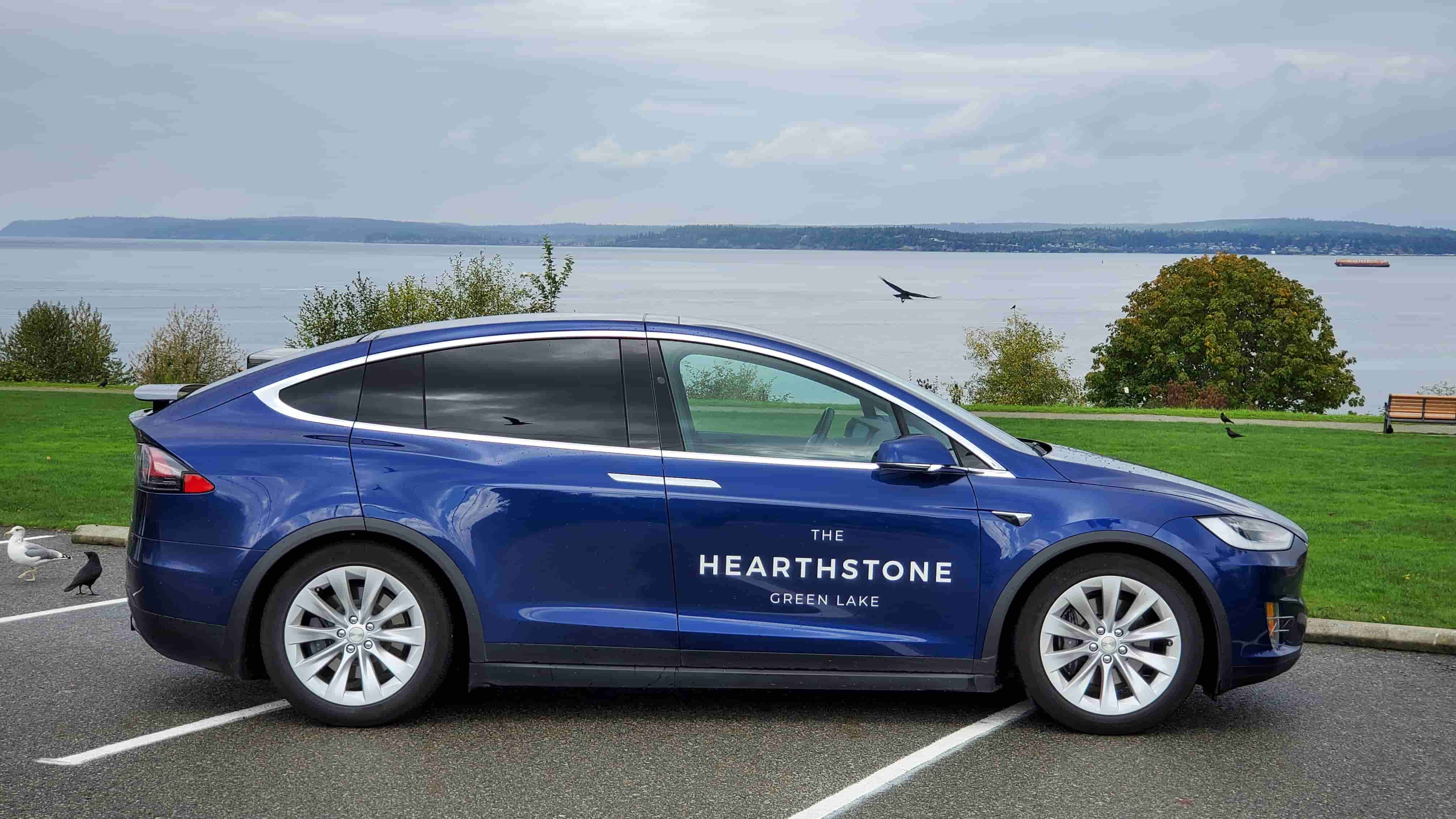 Blue car in front of the water